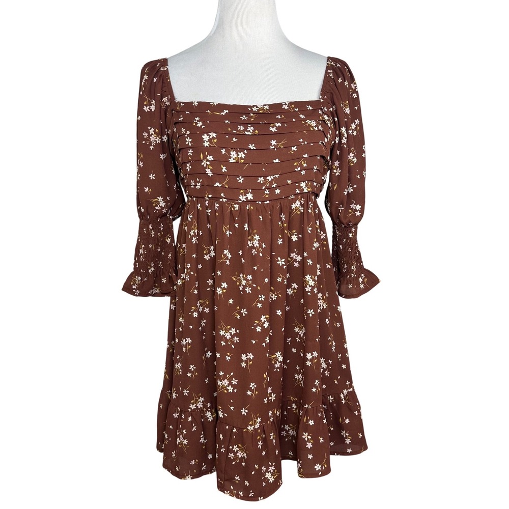 Blue Rain Floral Smocked Square Neck Mini Dress Brown TFD22118 Large